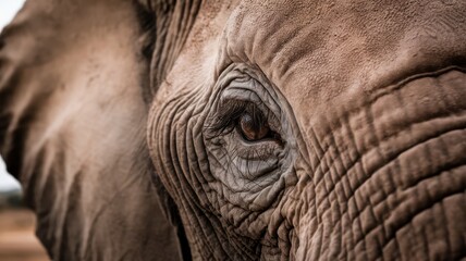 Fototapeta premium Close-up of a majestic elephant's eye, showcasing its detailed texture and deep expression, emphasizing wisdom and the beauty of wildlife.