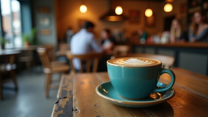 Fototapeta premium A teal cup of latte art sits on a wooden table