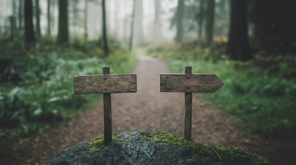 Two blank wooden signs on a mossy rock by a forest path, signifying choice and direction.