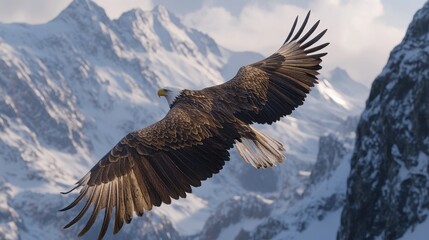 Fototapeta premium Majestic bald eagle soaring over snow-covered mountain peaks