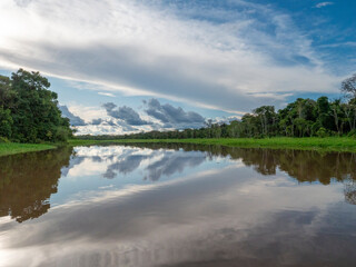 Amazon river landscape shortly before a storm and a thunderstorm.