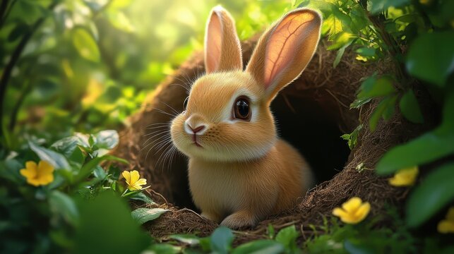Adorable rabbit in burrow surrounded by flowers for easter celebration design