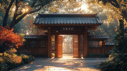 Fototapeta premium Autumn sunrise illuminates Japanese garden gate; peaceful scene; ideal for travel, meditation, serenity