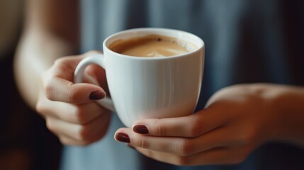 Female hands holding white coffee mug with latte art in cozy setting