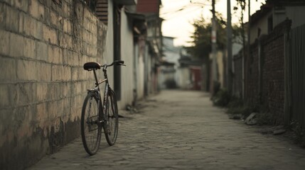 Bicycle leaning against a wall in a narrow alleyway.