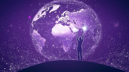 Woman holding glowing orbs, global network background, cosmic scene, connection concept