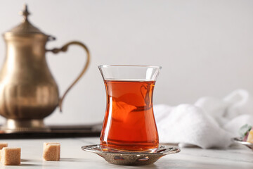 Glass of Turkish tea with sugar cubes and teapot on light background