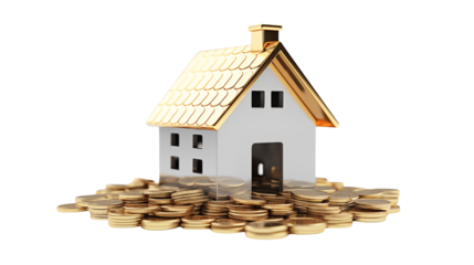 Dream House on a Pile of Gold Coins Wealth and Real Estate Concept