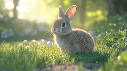 Fototapeta premium Easter bunny strolling on lush green grass in spring sunshine