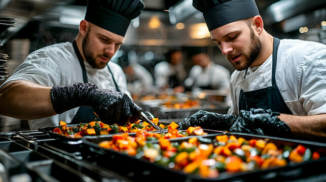 Dedicated Chefs Teamwork in Restaurant Kitchen Preparing Delicious Food