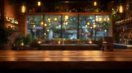 Warm Evening Ambiance in Rustic Bar with Wooden Counter and String Lights