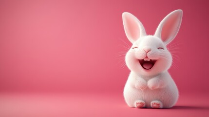 Obraz premium Adorable smiling white bunny on pink background for easter and spring designs