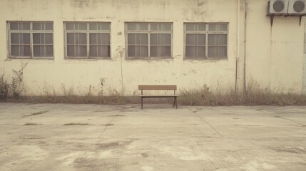 Empty park bench sits outside an old, weathered building.