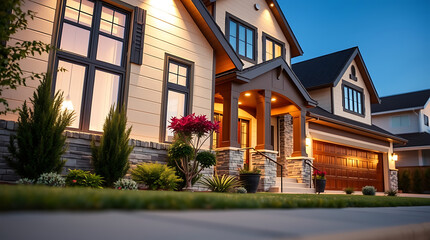 Luxury Dream Home at Dusk: Modern Architecture, Stunning Exterior, and Landscaped Garden. A perfect blend of contemporary design and comfortable living.