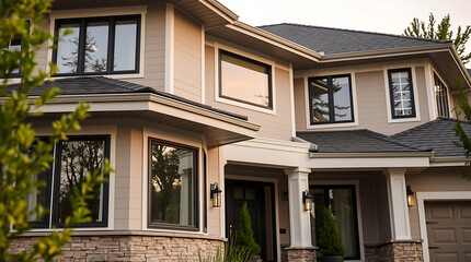 Fototapeta premium Luxury Home Exterior: Modern Architectural Design, Stunning Facade, and Landscaping