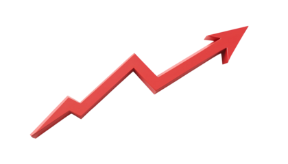 Red upward arrow graph showing rising trend with transparent background for 3D upward statistic line of business success of stock market finance analysis of economic growth, cut out