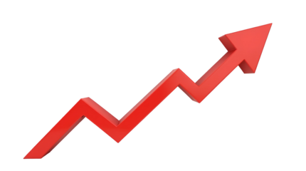 Red upward arrow graph showing rising trend with transparent background for 3D upward statistic line of business success of stock market finance analysis of investment and economic growth, cut out