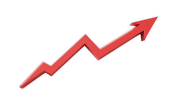 Red upward arrow graph showing rising trend with transparent background for 3D upward statistic line of business success of stock market finance analysis of economic growth, cut out