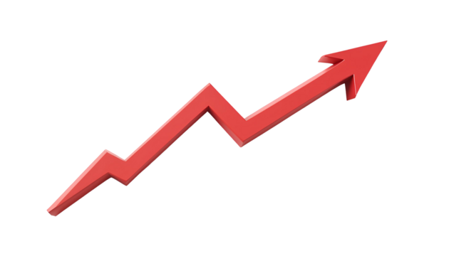 Red upward arrow graph showing rising trend with transparent background for 3D upward statistic line of business success of stock market finance analysis of economic growth, cut out - Powered by Adobe