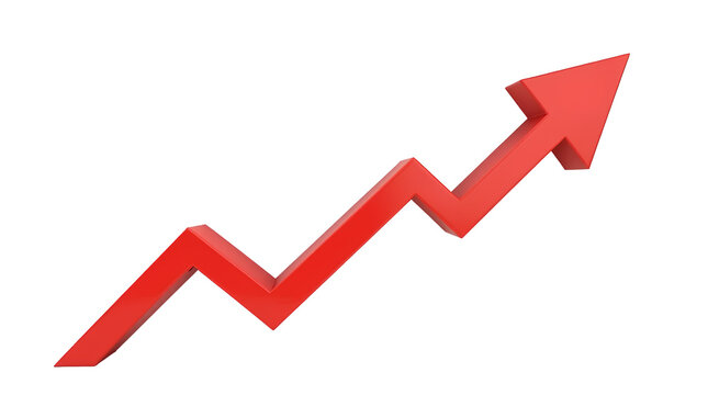 Red upward arrow graph showing rising trend with transparent background for 3D upward statistic line of business success of stock market finance analysis of investment and economic growth, cut out