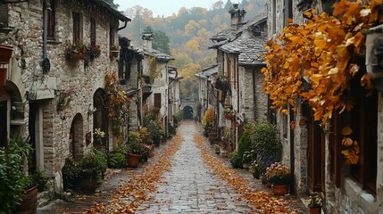 Fototapeta premium Autumnal village street, stone houses, fall foliage, misty background, travel postcard