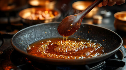 Golden Brown Culinary Creation: The Art of Simmering Spices in a Hot Pan