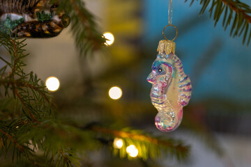 Christmas glass ornament seahorse on a spruce.
