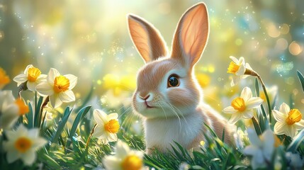 Adorable easter bunny surrounded by daffodils in lush green grass