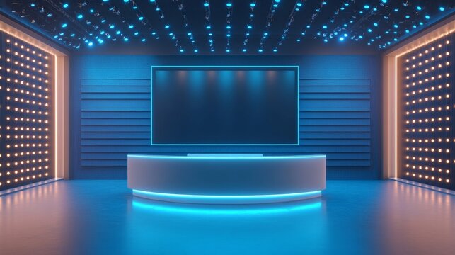 news channel front of a lighted blue background with tv studio lights, white table 