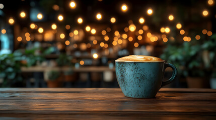Fototapeta premium Warm Coffee in Rustic Cafe Setting at Night