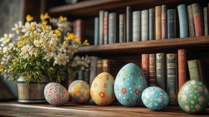 Whimsical easter adventure with colorful eggs and spring flowers on bookshelf