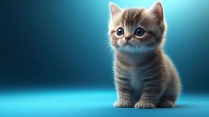 Cute young kitten with blue eyes sitting on a blue background