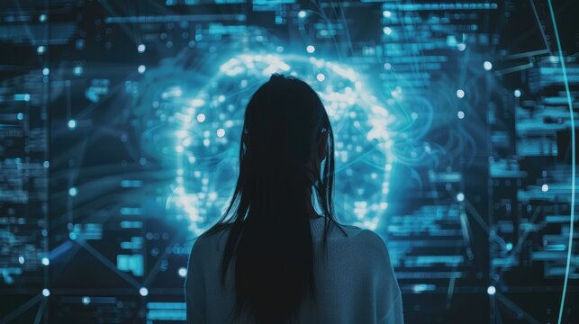 Woman standing in front of futuristic digital interface