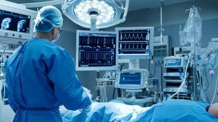 Surgeon operates in a modern hospital room focused on patient care and advanced medical technology