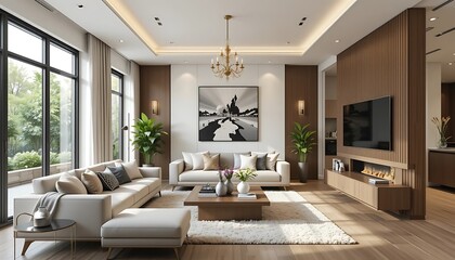 Fototapeta premium Modern Living Room Design Featuring Elegant Furnishings and Artwork