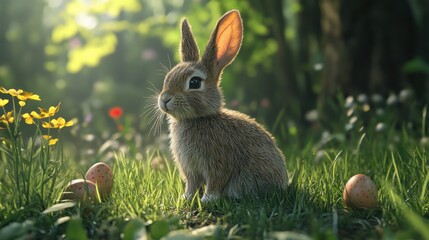 Ultra realistic easter rabbit in lush green grass with easter eggs
