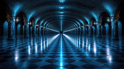 Illuminated stone hall, checkered floor, archways, perspective, background light