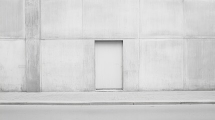 Minimalist monochrome image of a single white door set into a large concrete wall, next to a city street.