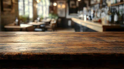 Rustic Wooden Tabletop in a Warmly Lit Bar Setting, Ideal for Product Placement or Mockups