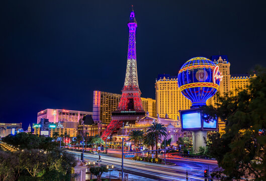 The Strip at night, illuminated hotels and casinos in Las Vegas, Nevada
