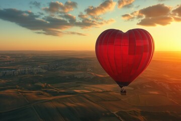 Obraz premium A red heart-shaped hot air balloon flying over a scenic landscape at sunset.