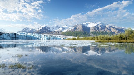 Obraz premium Majestic mountain landscape with glacier and reflective lake under blue sky