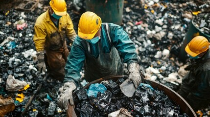 Focused Workers Sorting Recycled Battery Waste at Recycling Plant