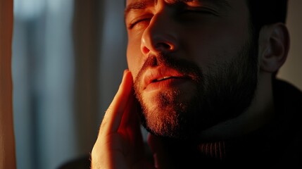 Fototapeta premium Man Touching Jaw in Pain, Dark Setting, Close-up