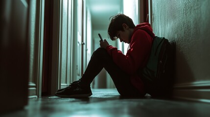 Sad Teenager Boy Using Phone in Hallway - Low-Key Portrait