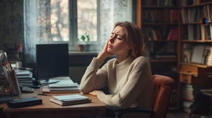 Tired Young Woman Studying in Home Office -  Sad Expression