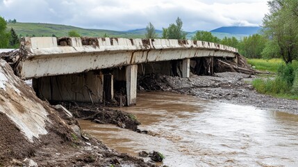 Obraz premium Damaged Bridge After Flood, Rural Landscape, Sad Scene