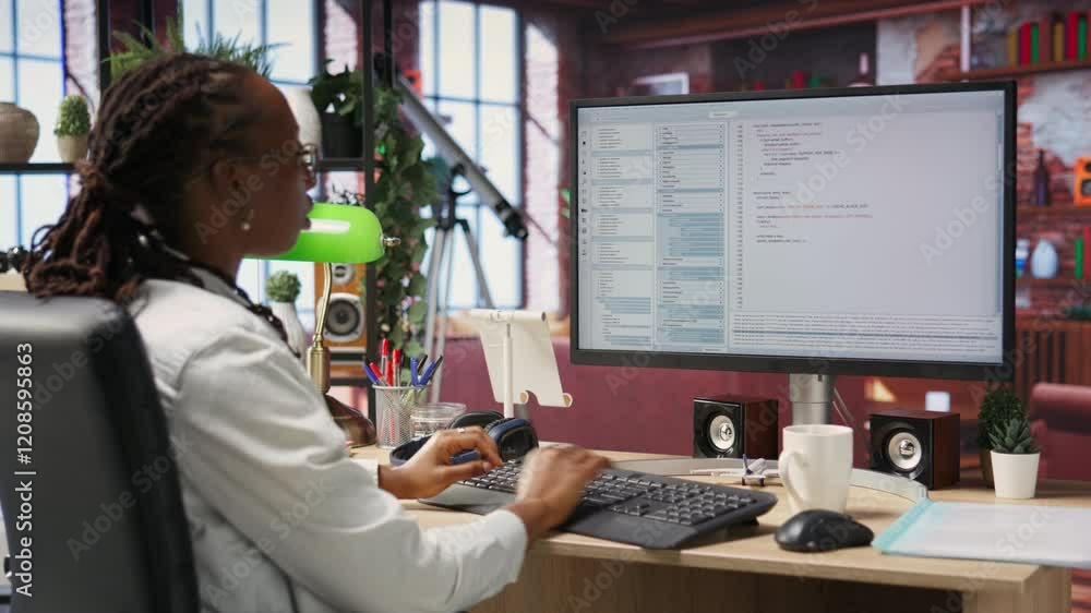 Fototapete Programmer at computer desk coding, creating software, implementing algorithms. African american IT specialist in home office working with code editor, building applications, camera B