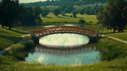 Serene landscape of a wooden bridge over a calm pond in a lush green park, reflecting sunlight