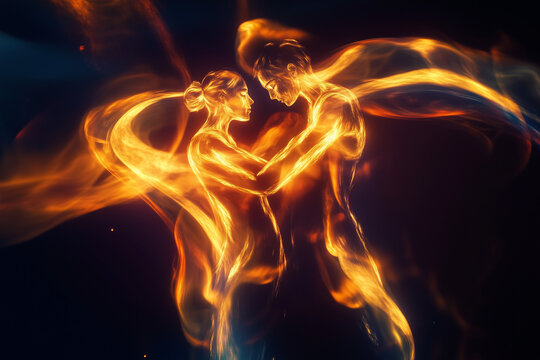 Glowing twin souls in a cosmic embrace, their auras merging into radiant, intertwined flames.